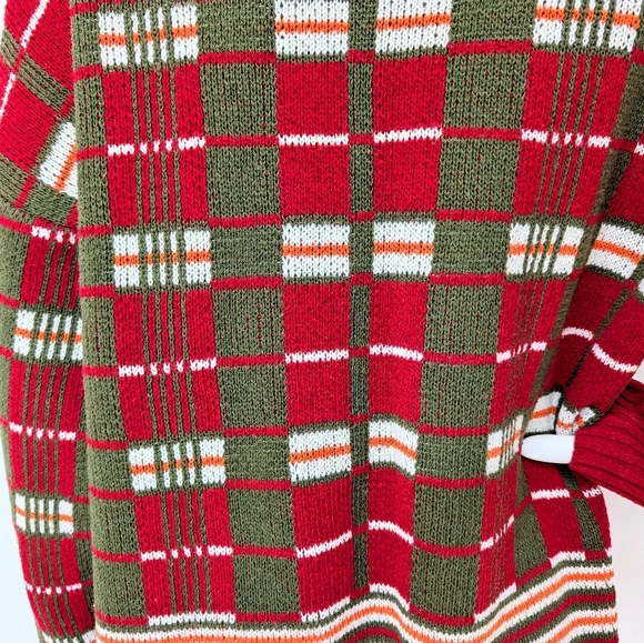 Men's Retro Red, Green, & Orange Plaid Open Style Shawl Collar Cardigan Sweater - Picture 7 of 7
